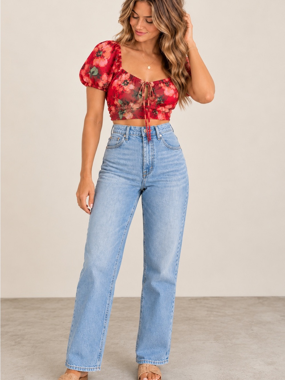 H&M Red Floral Puff Sleeve Ruched Tie Front Crop Top Size M